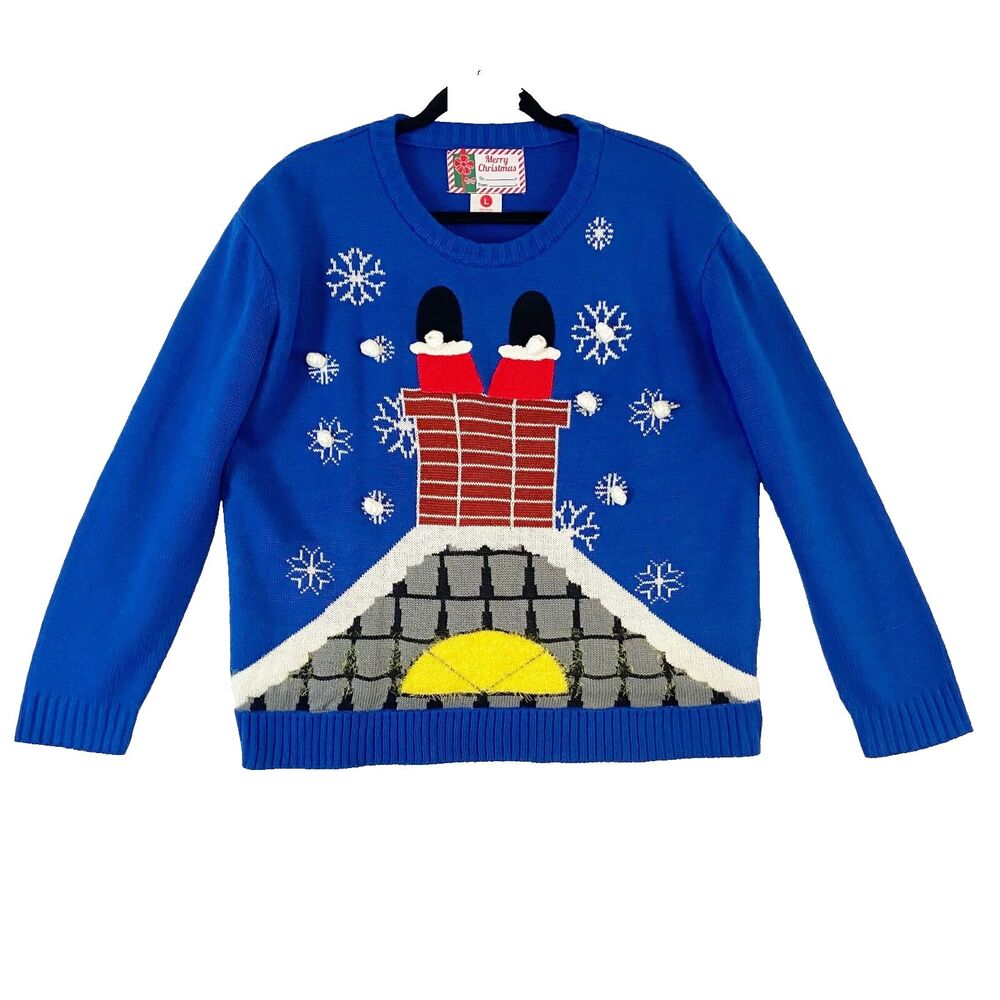 Merry Christmas Ugly Christmas Sweater Men's Large Blue‎ Santa Chimney Snow